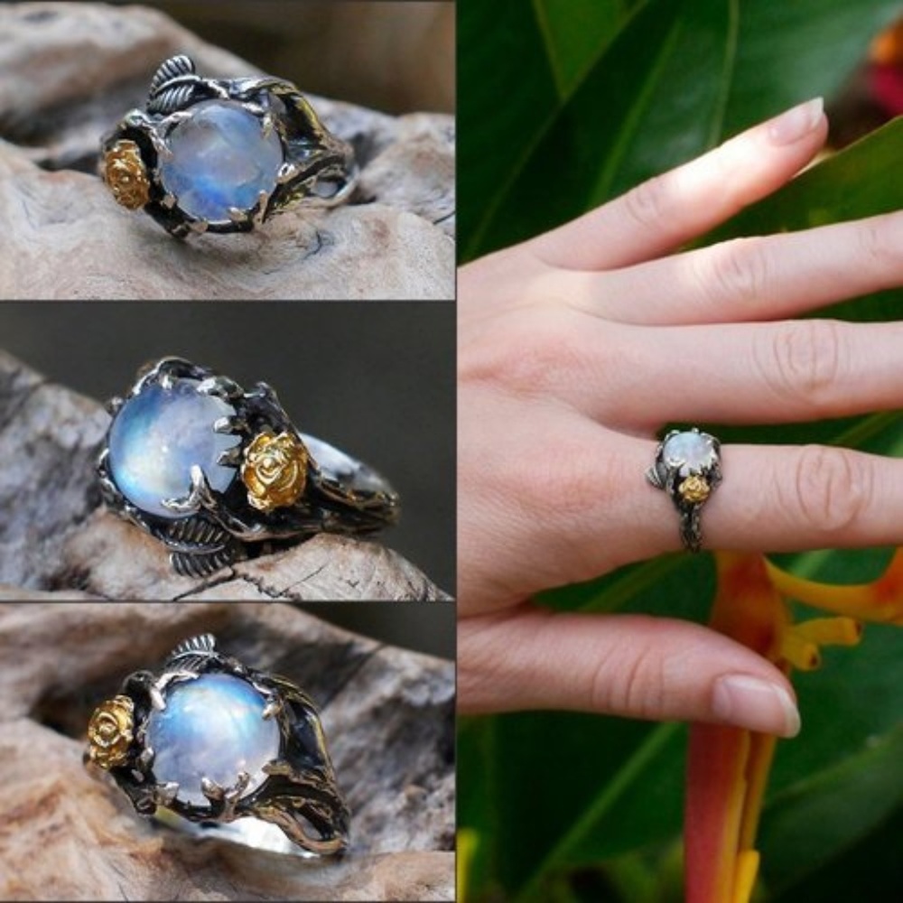 Vintage‎ Thai Moonstone Rose 925 Silver Ring Retro